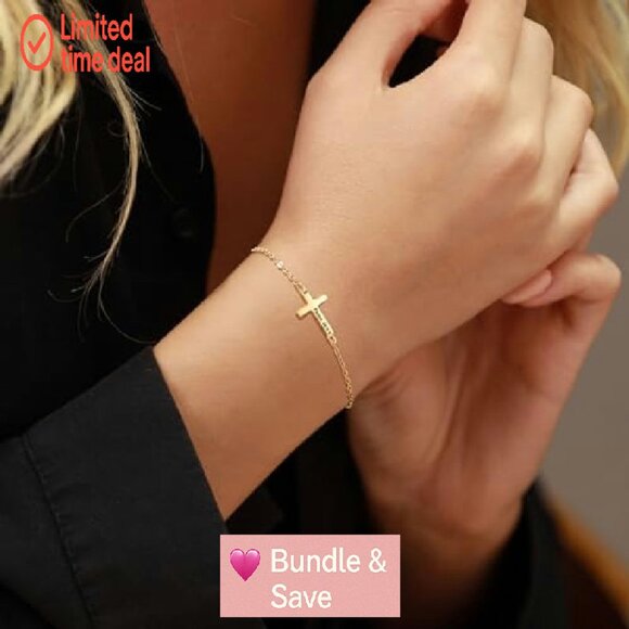 Gold Cross Bracelet with Bible Verse Engraving, Adjustable 7" Chain - Picture 6 of 8